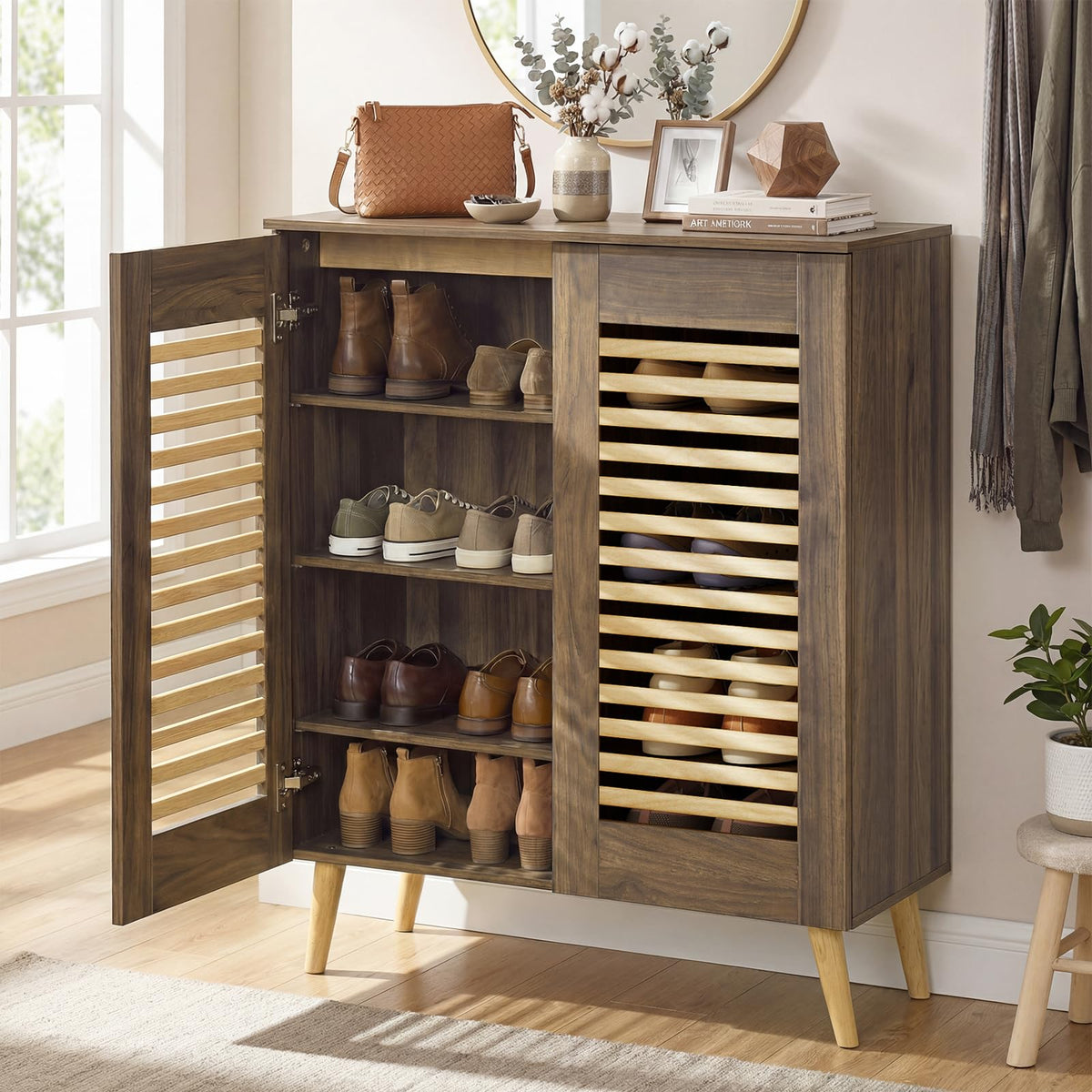 Goflame Shoe Cabinet 4-Tier Shoe Rack Organizer Cabinet(Louvered Door)