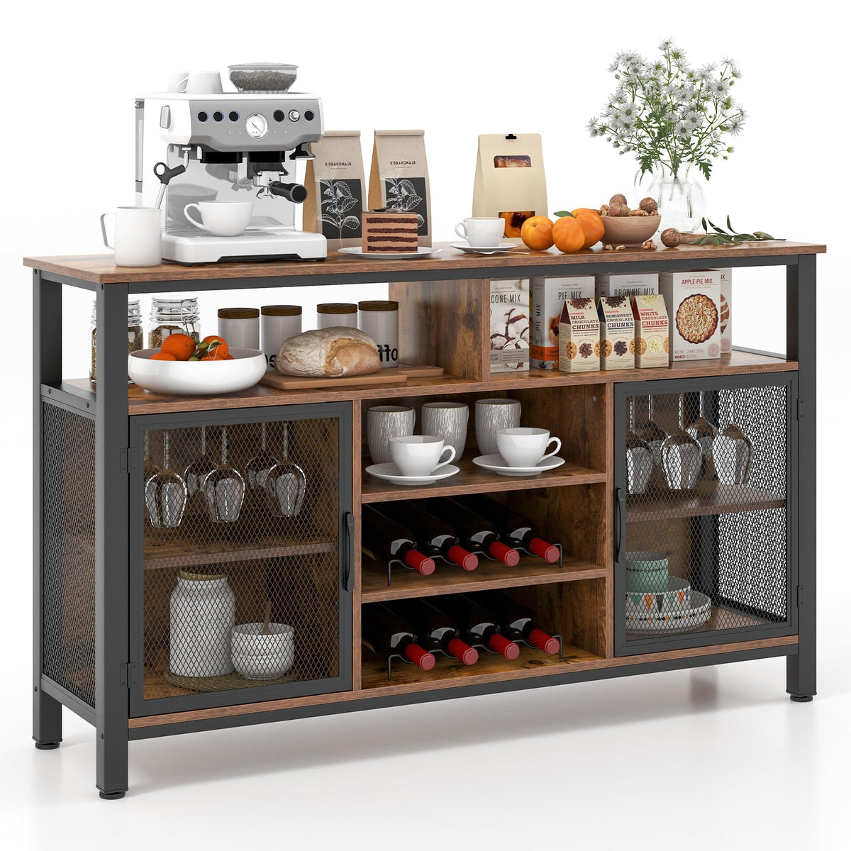Goflame Coffee Bar Cabinet for Liquor and Glasses, 55” Buffet Sideboard with 8-Bottle Wine Racks, 6 Rows of Wine Glass Holders