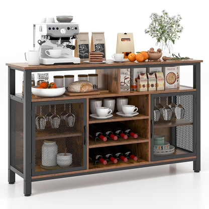 Goflame Coffee Bar Cabinet for Liquor and Glasses, 55” Buffet Sideboard with 8-Bottle Wine Racks, 6 Rows of Wine Glass Holders