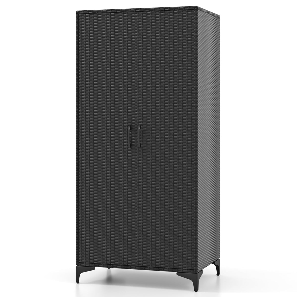 Goflame Wicker Storage Cabinet, 62” Tall Pantry Cabinet with 2 Doors, Hanging Rod, 4 Storage Cubes