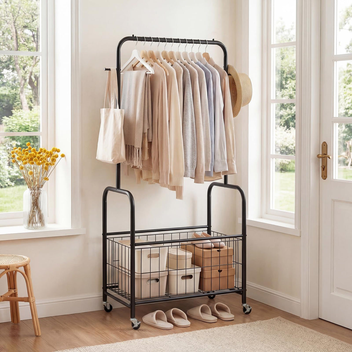 Goflame 35" Clothes Rack with Storage Basket & Lockable Wheels