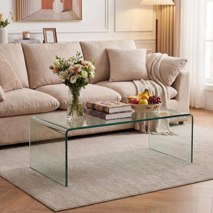 Goflame 40 Inch Clear Center Coffee Table with Tempered Glass Top & Round Edges