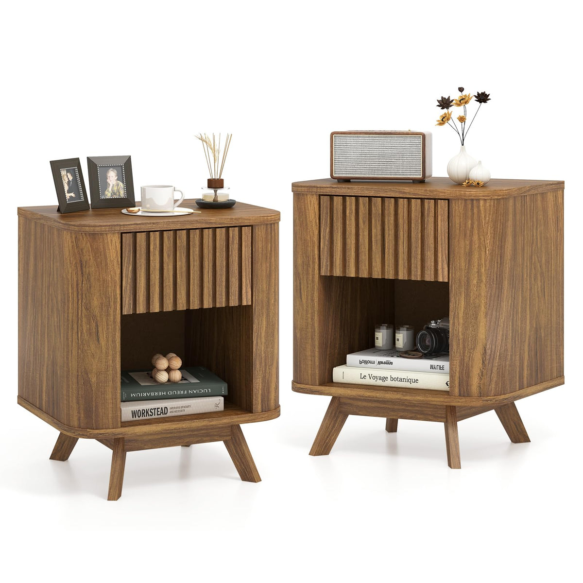 Goflame Mid Century Modern Nightstand Set of 1/2 Fluted Bedside Table