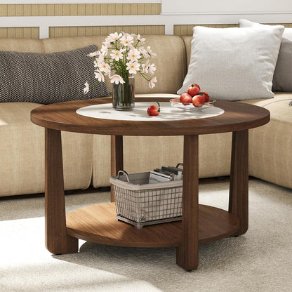 Goflame 2-Tier Round Farmhouse Living Room Coffee Table with 2-Tone Tabletop