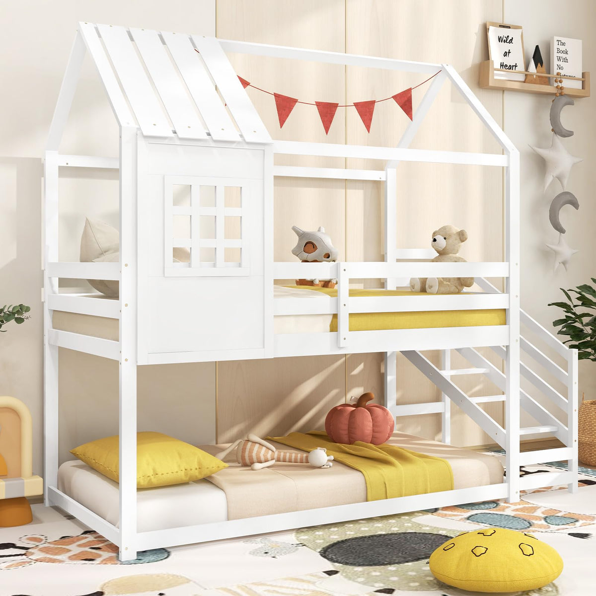 Goflame Twin Bunk Beds with Stairs, Floor House Bed with Roof & Window