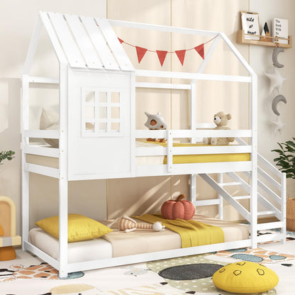 Goflame Twin Bunk Beds with Stairs, Floor House Bed with Roof & Window