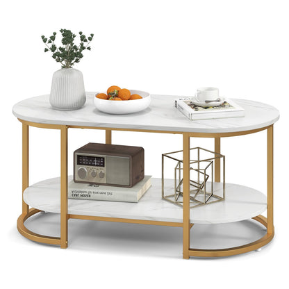 Goflame White Marble Coffee Table - Modern 2-Tier Center Table w/Open Storage Shelf