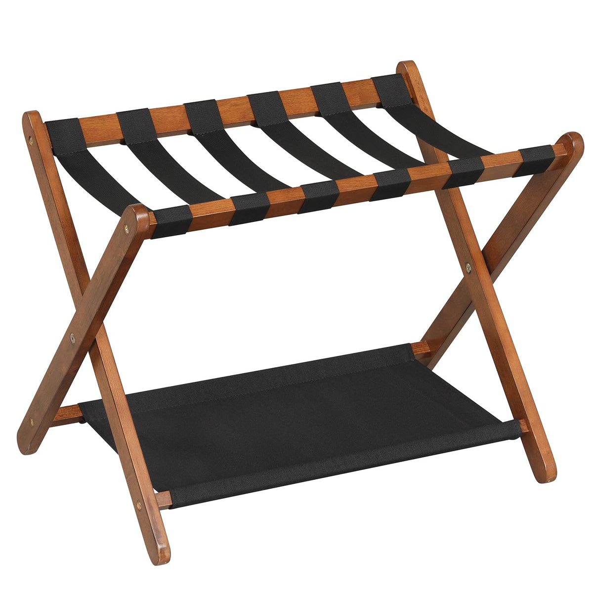 Goflame Folding Luggage Rack | Solid Rubber Wood Suitcase Stand with Storage Shelves