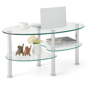 Goflame Oval Glass Coffee Table - 3-Tier Transparent Tempered Glass Center Table with Metal Stand, 35"× 20" ×18"