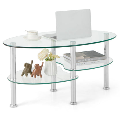 Goflame Oval Glass Coffee Table - 3-Tier Transparent Tempered Glass Center Table with Metal Stand, 35"× 20" ×18"