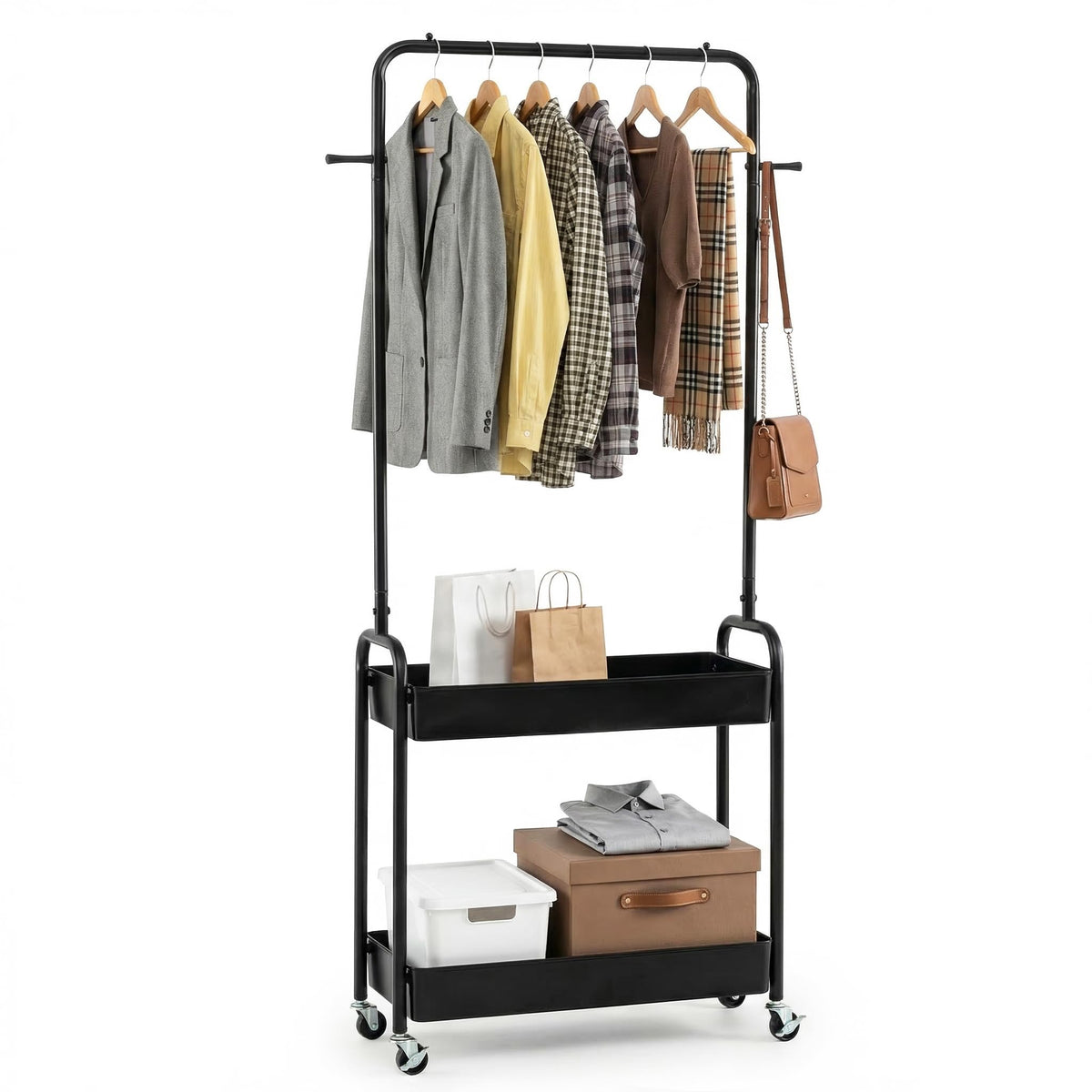 Goflame Heavy-Duty Rolling Clothes Rack with 2 Storage Baskets & Side Hooks