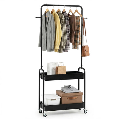 Goflame Heavy-Duty Rolling Clothes Rack with 2 Storage Baskets & Side Hooks