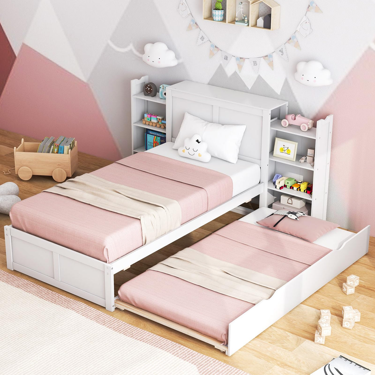 Goflame Full Bed Frame with Twin Trundle, Wooden Bed Wooden Bed Frame with 2 Rolling Bookcases & High Headboard