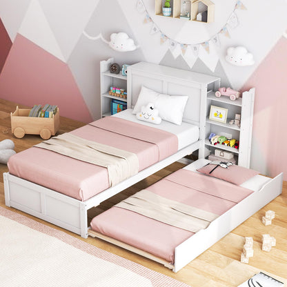 Goflame Full Bed Frame with Twin Trundle, Wooden Bed Wooden Bed Frame with 2 Rolling Bookcases & High Headboard