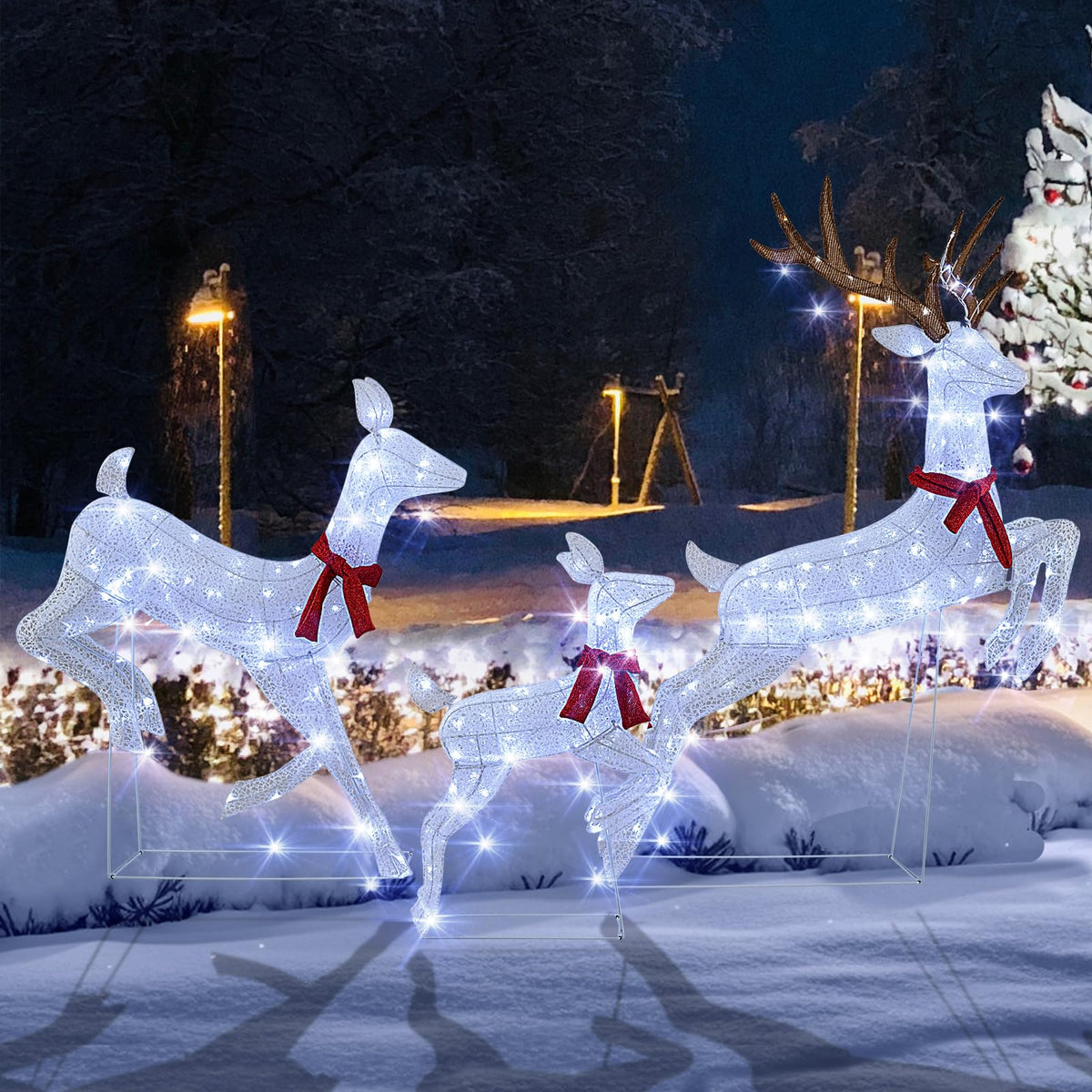 Goflame 3-Piece Large Lighted Christmas Reindeer Family, Light up Xmas Decorations w/255 LED Lights & Scarves