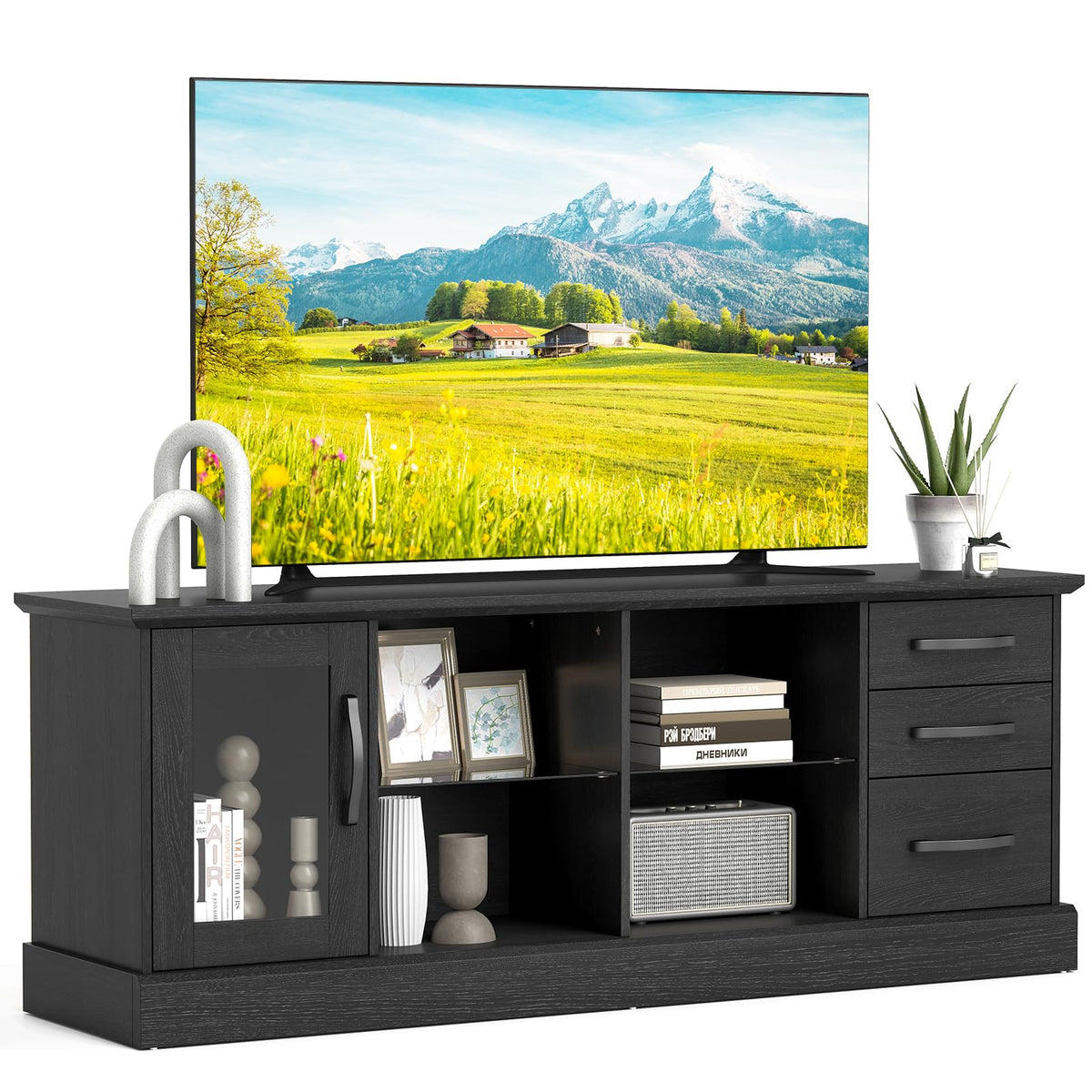 Goflame TV Stand for TVs up to 73”, Entertainment Center w/Cable Management Holes, Drawers