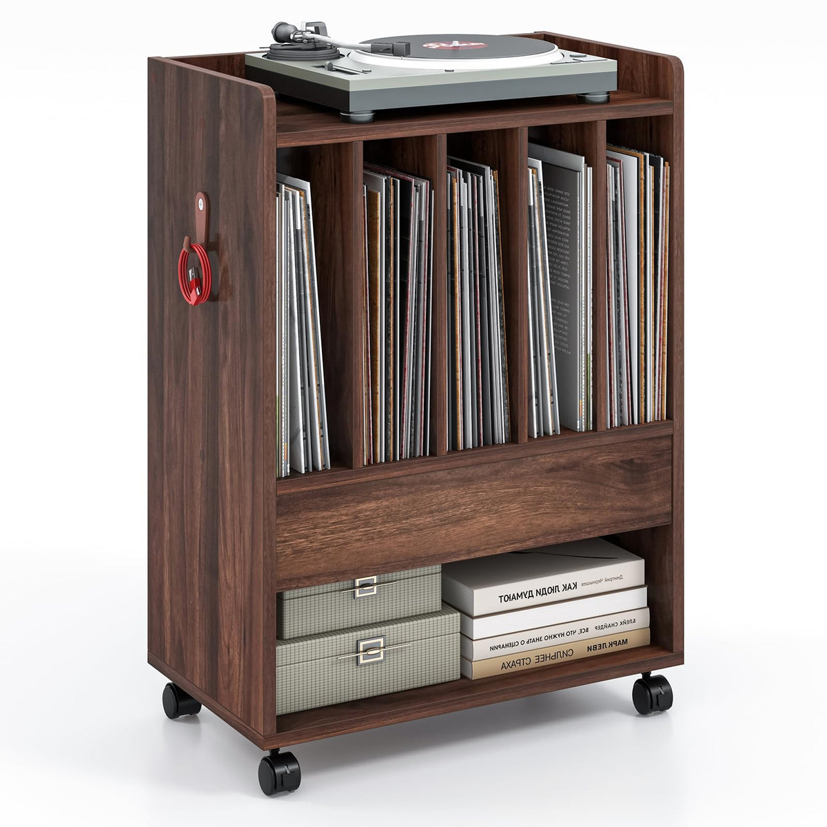 Goflame Record Player Stand, Rolling Turntable Stand with Drawer, Hook & Lockable Wheels