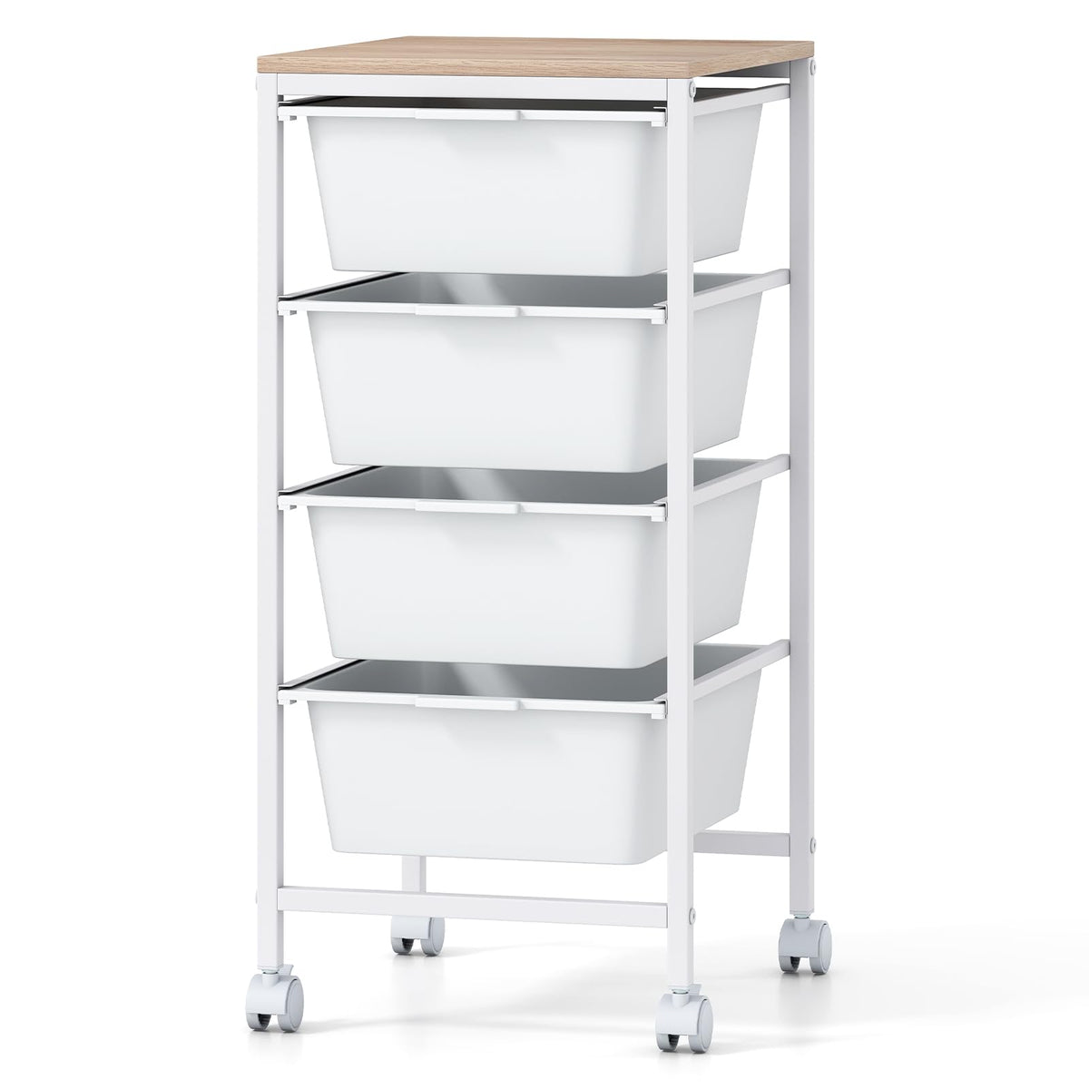 Goflame 4-Drawer Rolling Storage Cart Mobile Utility Organizer with Wooden Tabletop and Lockable Wheels