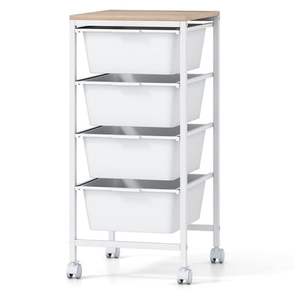 Goflame 4-Drawer Rolling Storage Cart Mobile Utility Organizer with Wooden Tabletop and Lockable Wheels