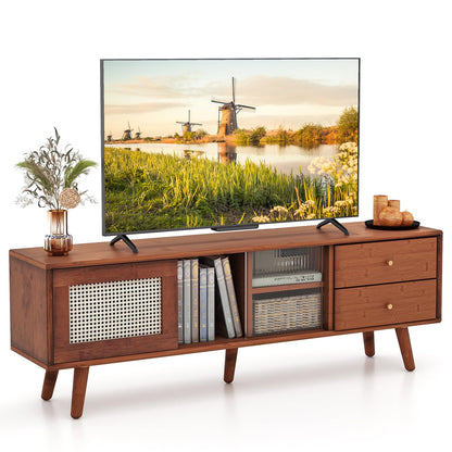 Goflame Bamboo TV Stand for 55 60 65 Inch TV, PE Rattan Entertainment Center with Sliding Doors
