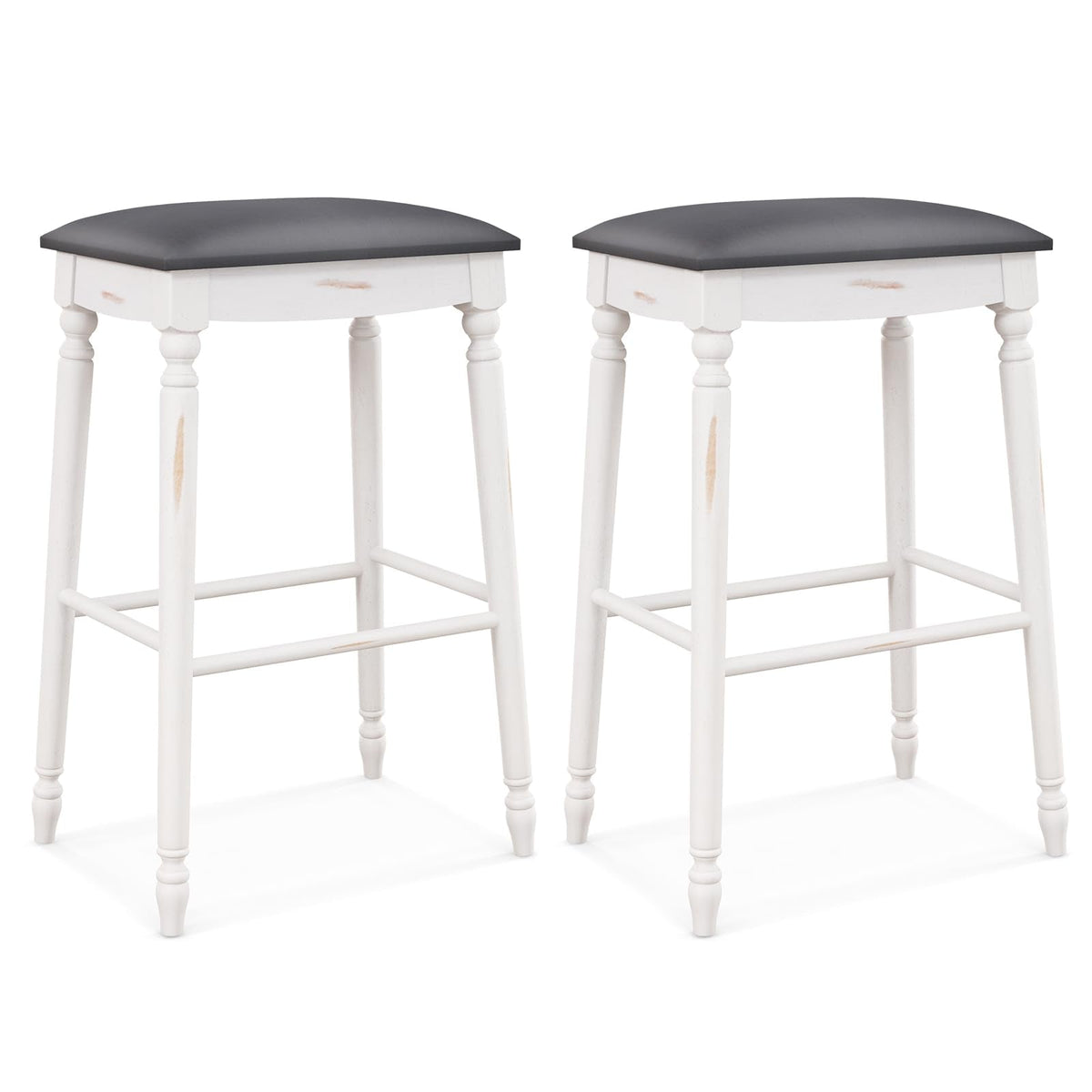Goflame Bar Stools, 29"/24" Bar Height Saddle Stools w/Padded Seat, Rubber Wood Legs, Footrests & Antiqued Surface