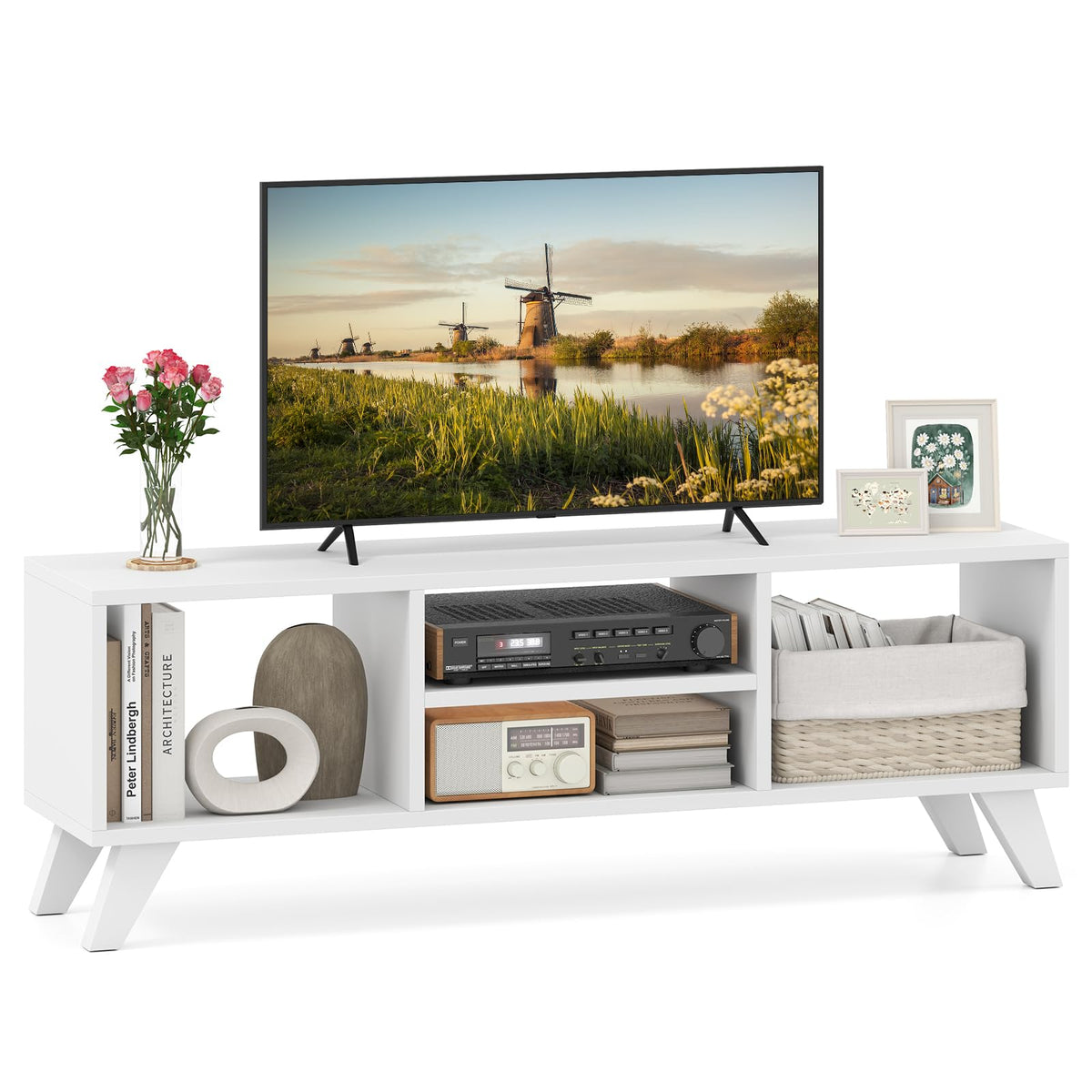 Goflame TV Stand for TVs up to 55", 4-Cubby Entertainment Center