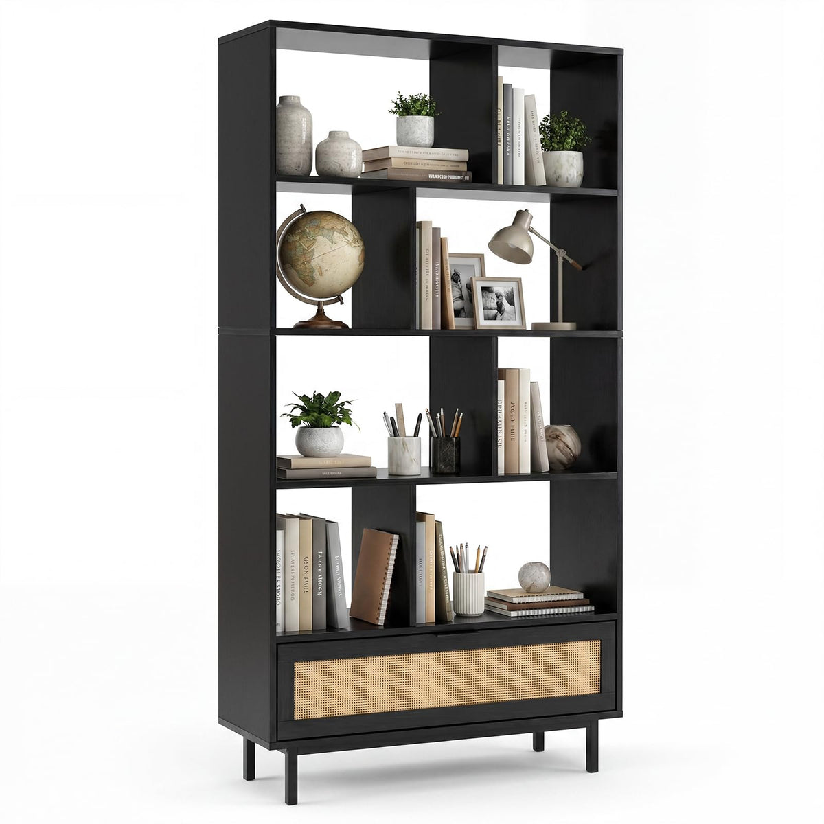Goflame 64" Tall 6-Tier Wood Bookshelf with Rattan Drawer