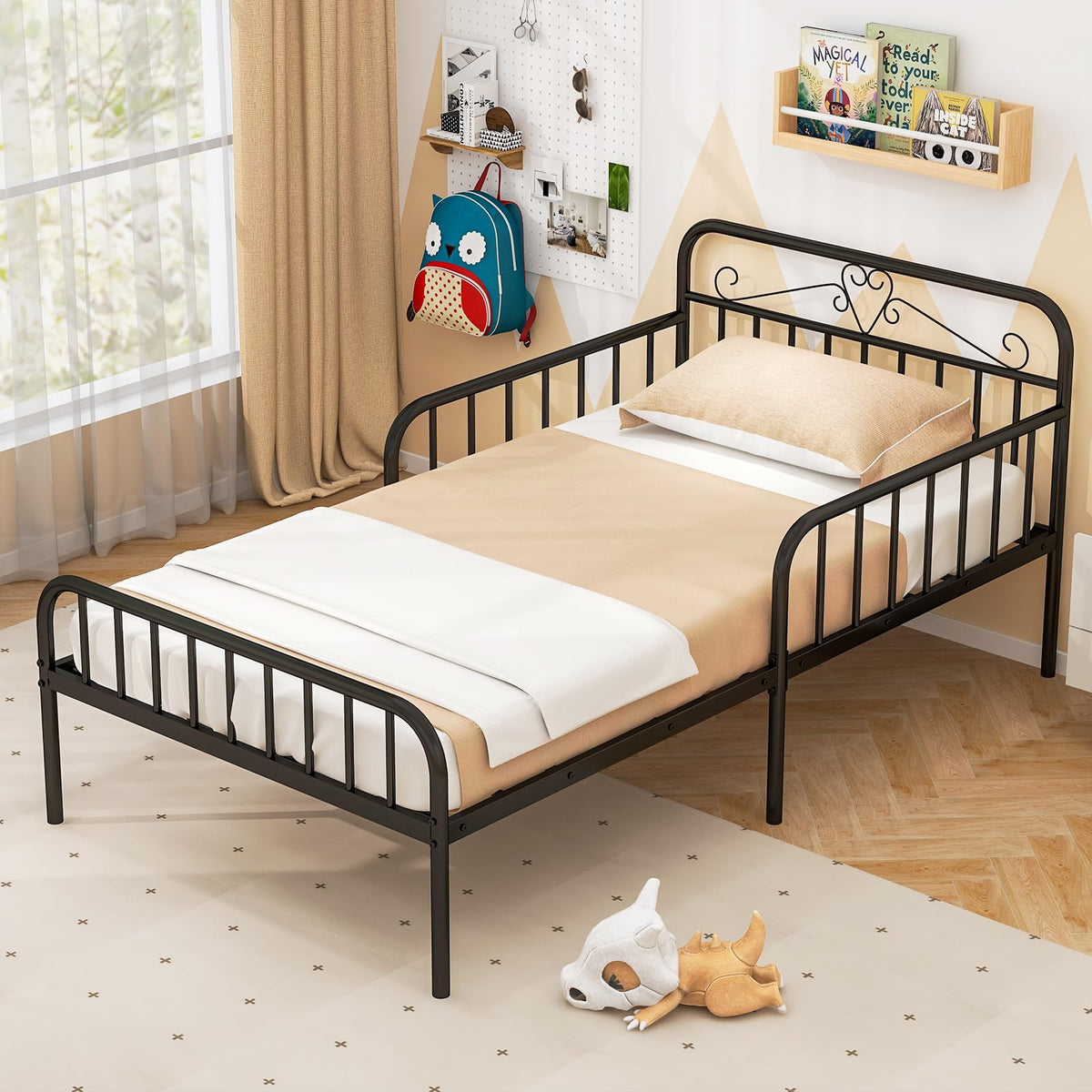 Goflame Metal Twin Bed Frames for Kids, Heavy Duty Metal Platform Bed Frame with Headboard & Safety Guardrails