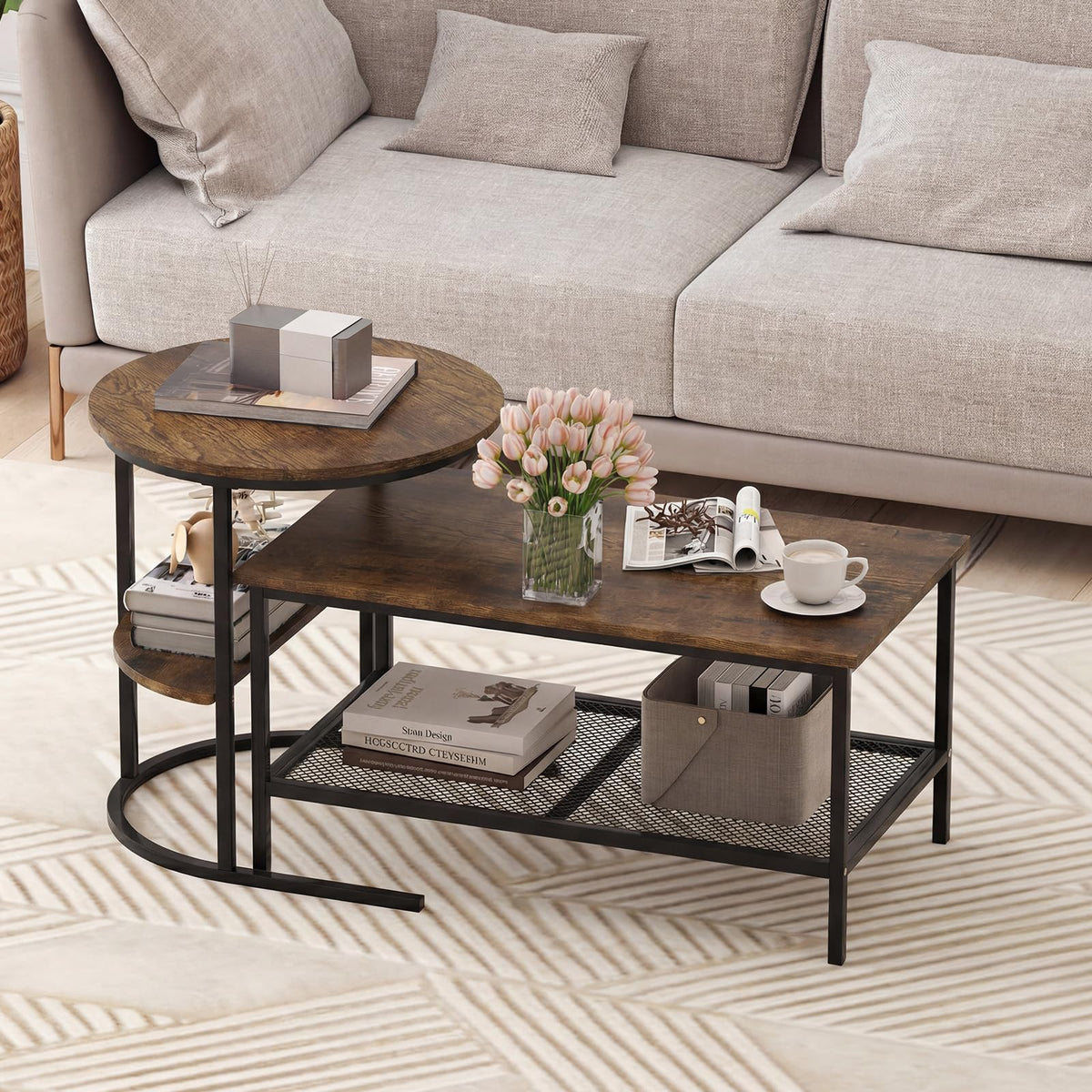 Goflame Nesting Coffee Table Set of 2 Detachable Rectangular Table