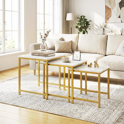 Goflame Nesting Coffee Table Set of 3 | Faux Marble Coffee Table with Metal Frame