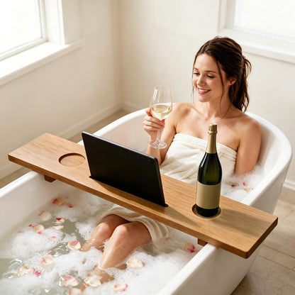 GOFLAME 35" Wood Bathtub Tray with Slots, Adjustable Width