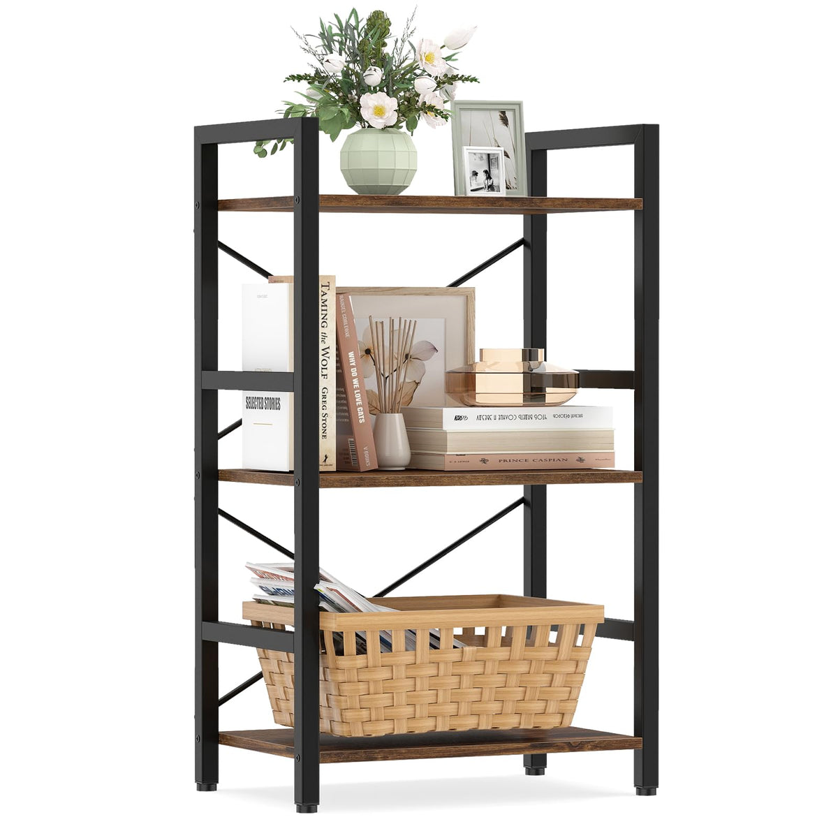 Goflame 3-Tier Bookshelf Narrow Freestanding Display Shelf with Metal Frame & Wooden Storage Racks