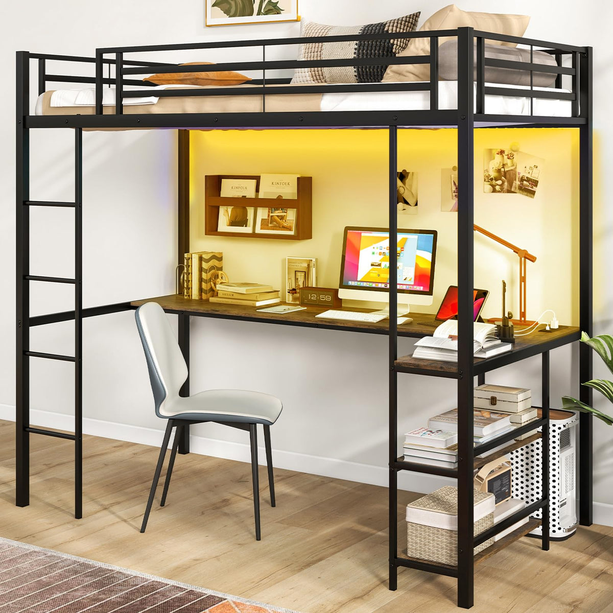 Goflame Twin Loft Bed with L-Shaped Desk, Metal Loft Bed Frame with LED Lights