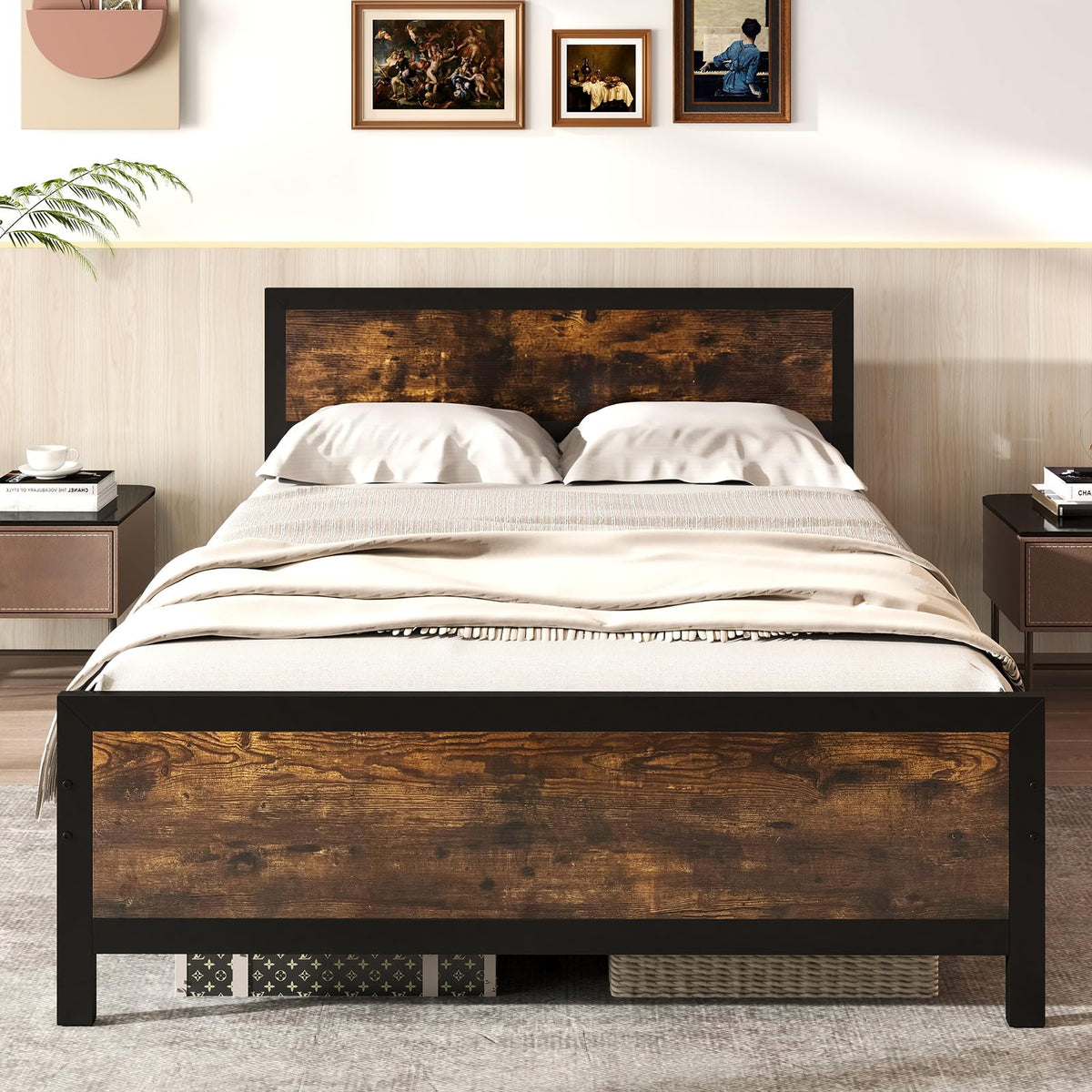 Goflame Metal Full Size Platform Bed Frame with Wood Headboard and Footboard