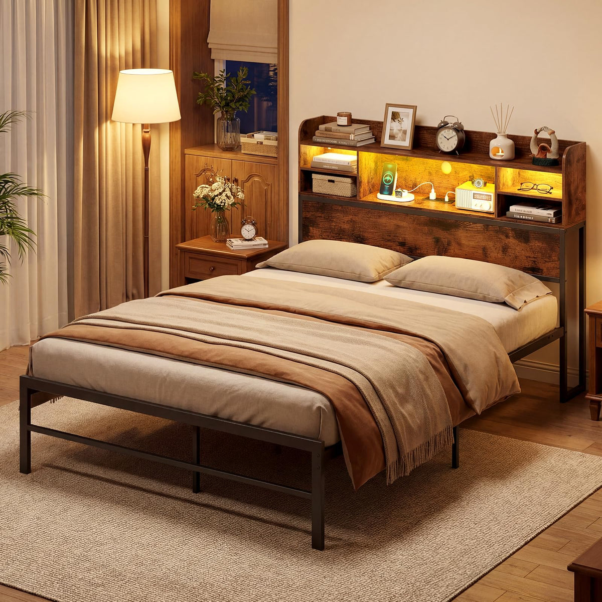Goflame Full Size Industrial Metal Bed Frame with LED Lights & Charging Station