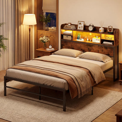 Goflame Full Size Industrial Metal Bed Frame with LED Lights & Charging Station