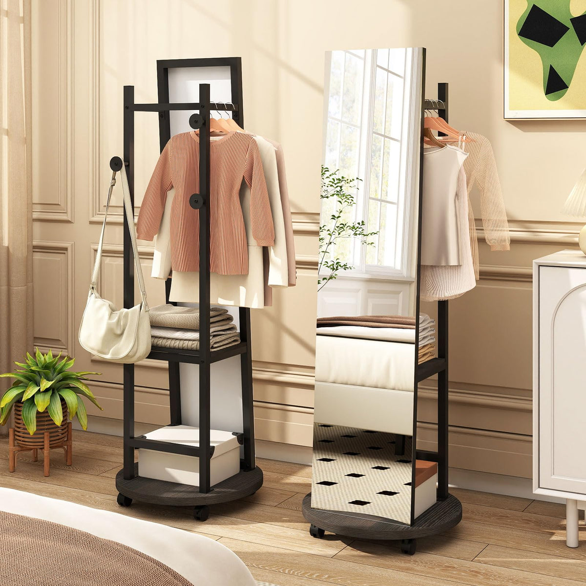 GOFLAME Full Length Mirror with Coat Rack & Storage Hanger