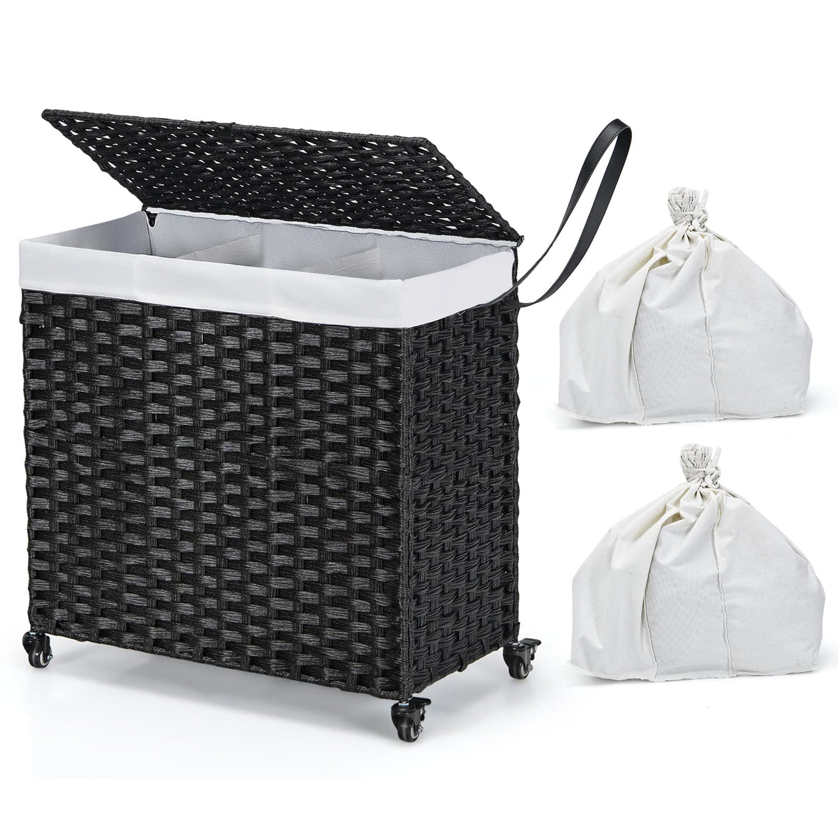Goflame Laundry Hamper w/Wheels, 3 Section Hamper 125L w/2 Removable Liner Bags