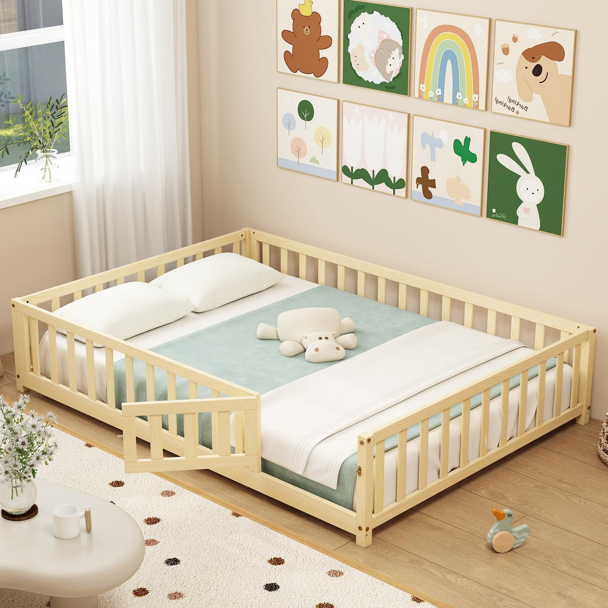 Goflame Full Size Floor Bed for Kids, Montessori Floor Bed with Wood Slats & Safety Guardrails