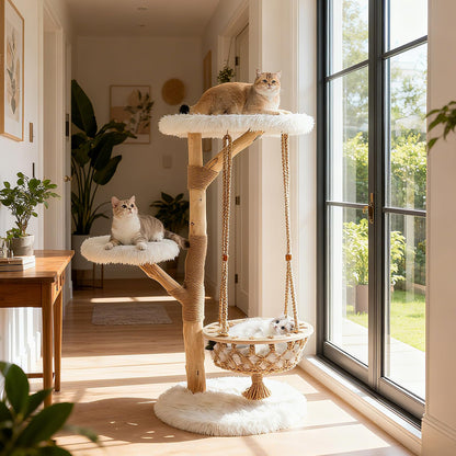 48.5" Solid Wood Cat Tree, Natural Branch Modern Kitten Tower w/ Hanging Cradle, Jute Scratching Post, Perch, Padded Platform, Soft Plush, Luxury Condo, 4-Tier Indoor Cat Climbing Furniture