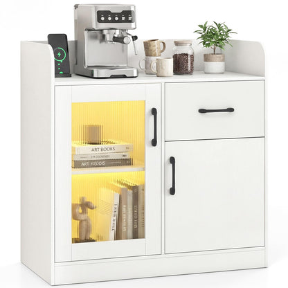 Goflame RGB LED Buffet Sideboard | White Kitchen Storage Cabinet with Charging Station