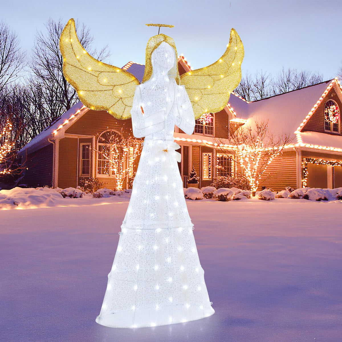 Goflame 5 FT Christmas Pre-Lit Angel, Yard Lighted-up Festive Angel w/Halo