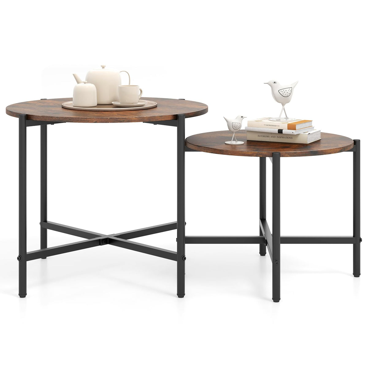 Goflame Round Coffee Table Set of 2, Nesting Tables with Metal Frame, Imitated Wood Grain Top