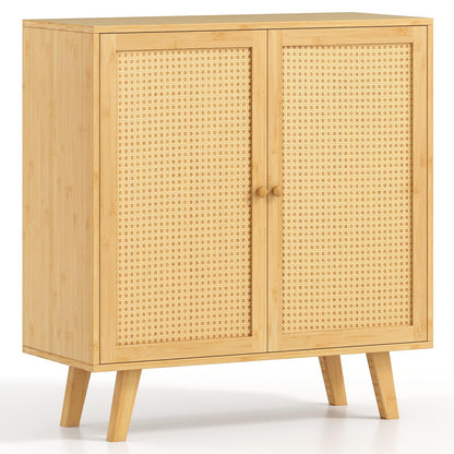 Goflame 2 Tier Bamboo Sideboard with PE Rattan Decorated Doors