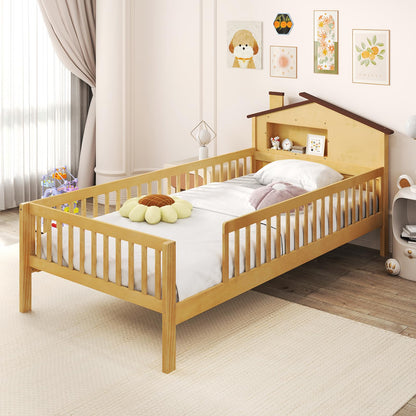 Goflame Twin Bed Frames for Kids, Solid Wood Montessori Bed with House-Shaped Headboard & Built-in Storage Shelf
