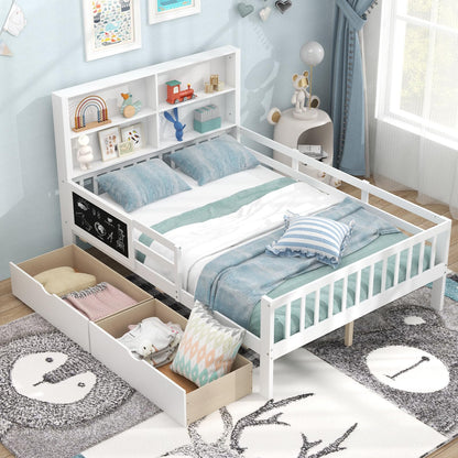 Goflame Full/Twin Size 2 Storage Drawers, Solid Wood Kids Bed Frame w/Bookcase Headboard & Blackboard