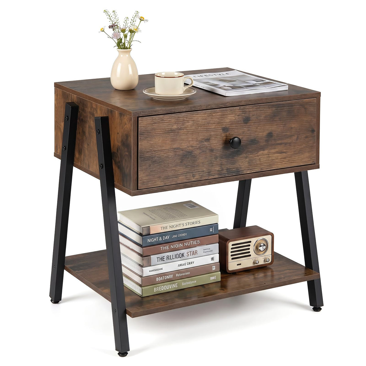 Goflame Industrial Night Stand with Drawer and Open Shelf