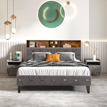 Goflame Full Size Bed Frame with Storage Headboard