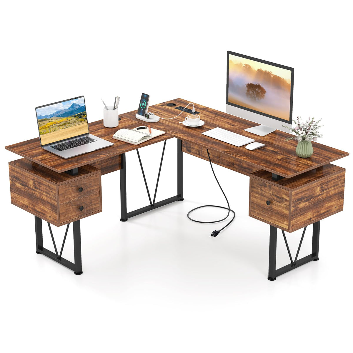 Goflame L Shaped Desk with Drawers, 59” Large Computer Desk with Power Outlet