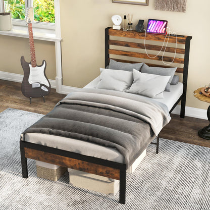 Goflame Queen Metal Platform Bed Frame with Wooden Headboard & Footboard, Rustic Brown